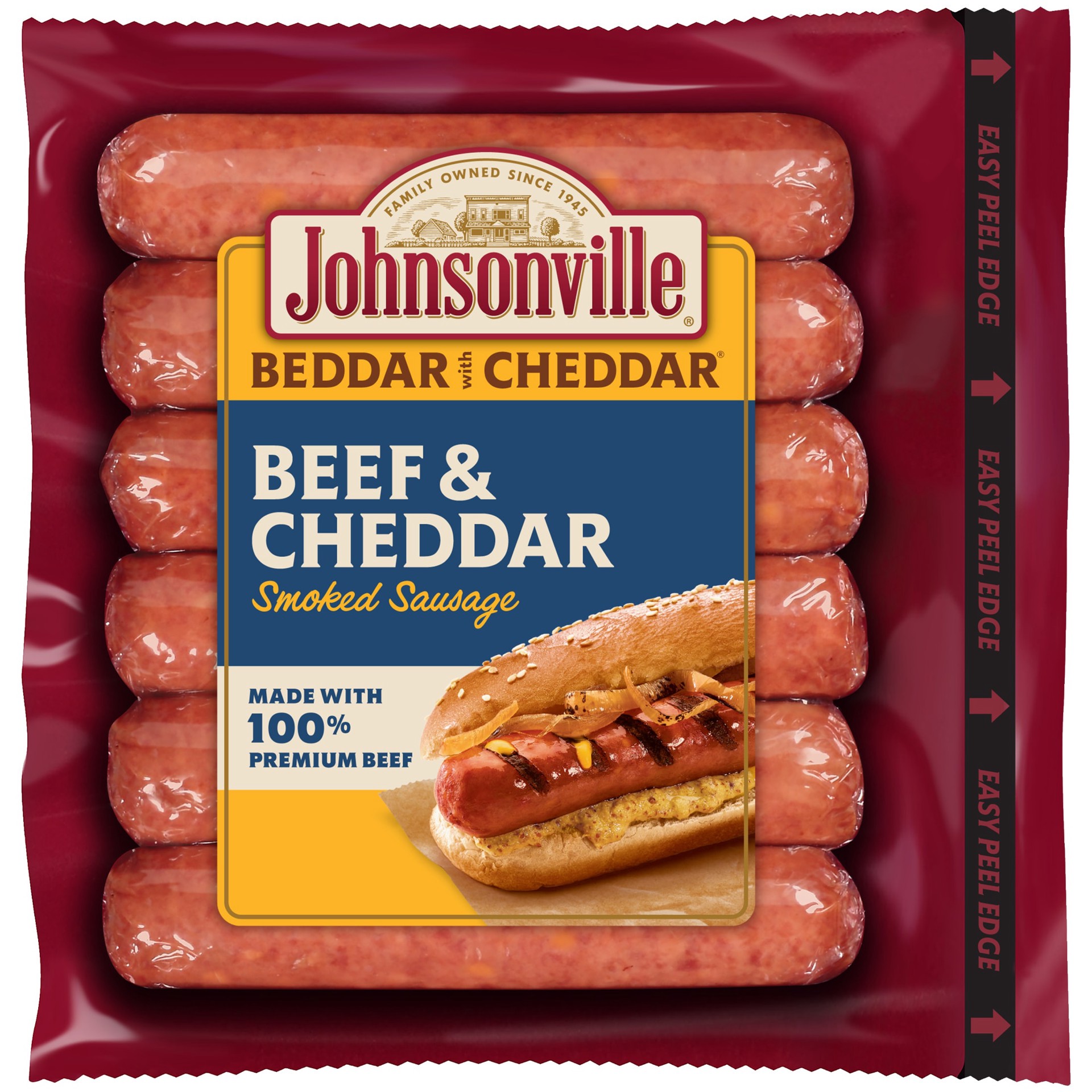 slide 1 of 10, Johnsonville Smoked Beef Cheddar Bratwurst 12 oz. package, 12 oz