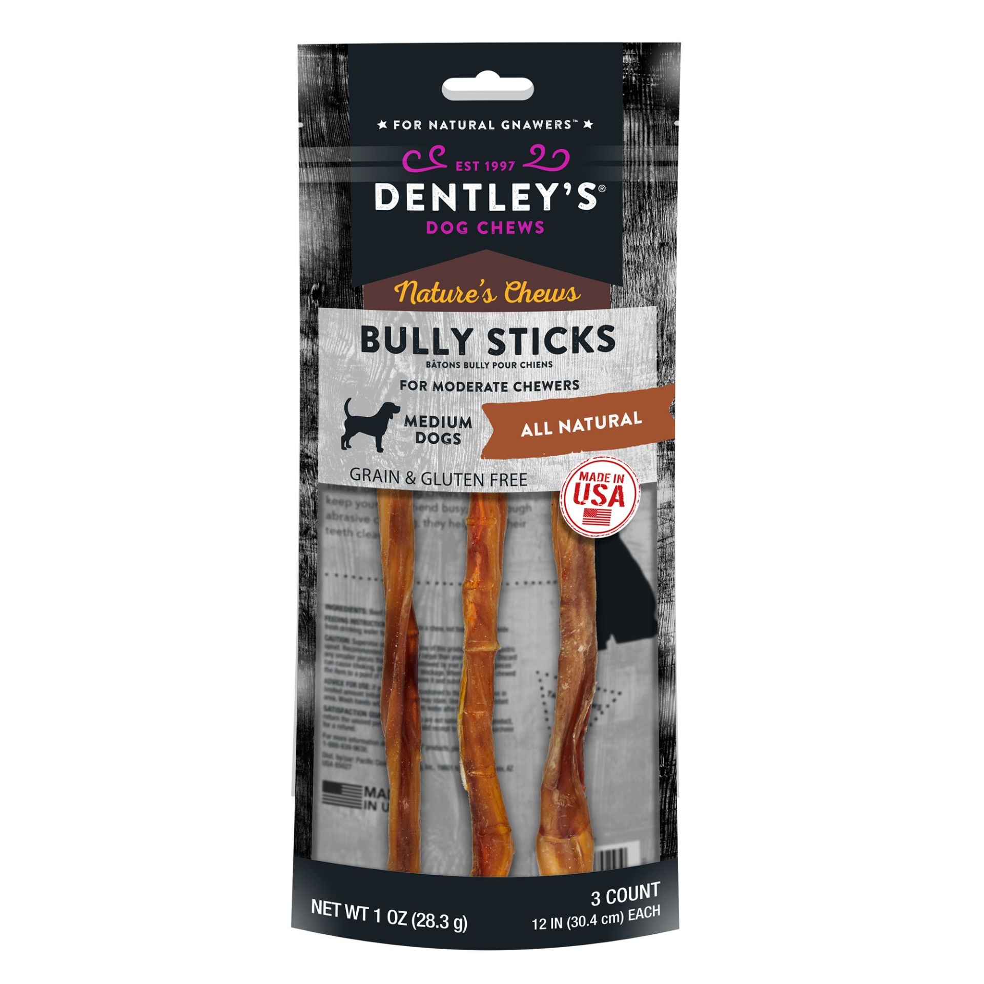 slide 1 of 1, Dentley's Nature's Chews 12 Bully Stick Dog Chew'', 3 ct