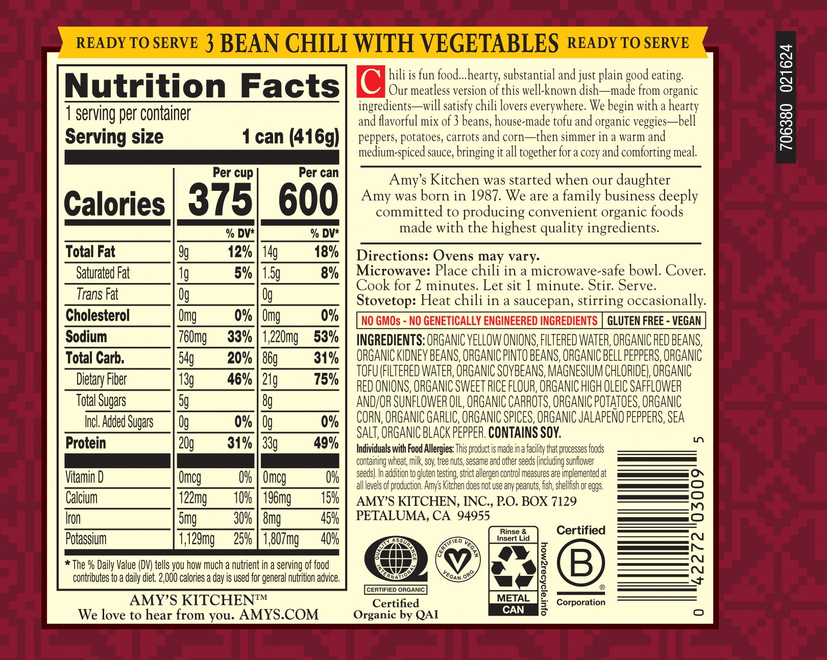 slide 3 of 4, Amy's Organic 3 Bean Vegetable Medium Chili, 14.7 oz
