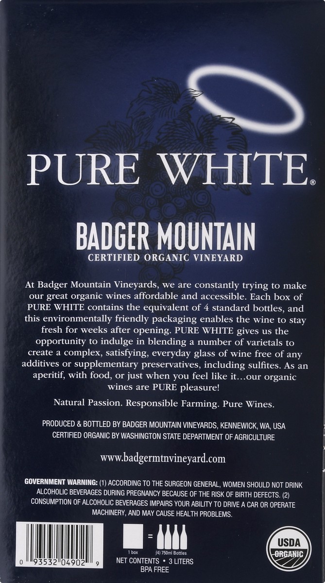 slide 8 of 9, Pure White Organic Badger Mountain Columbia Valley White Wine 3 lt, 3 liter