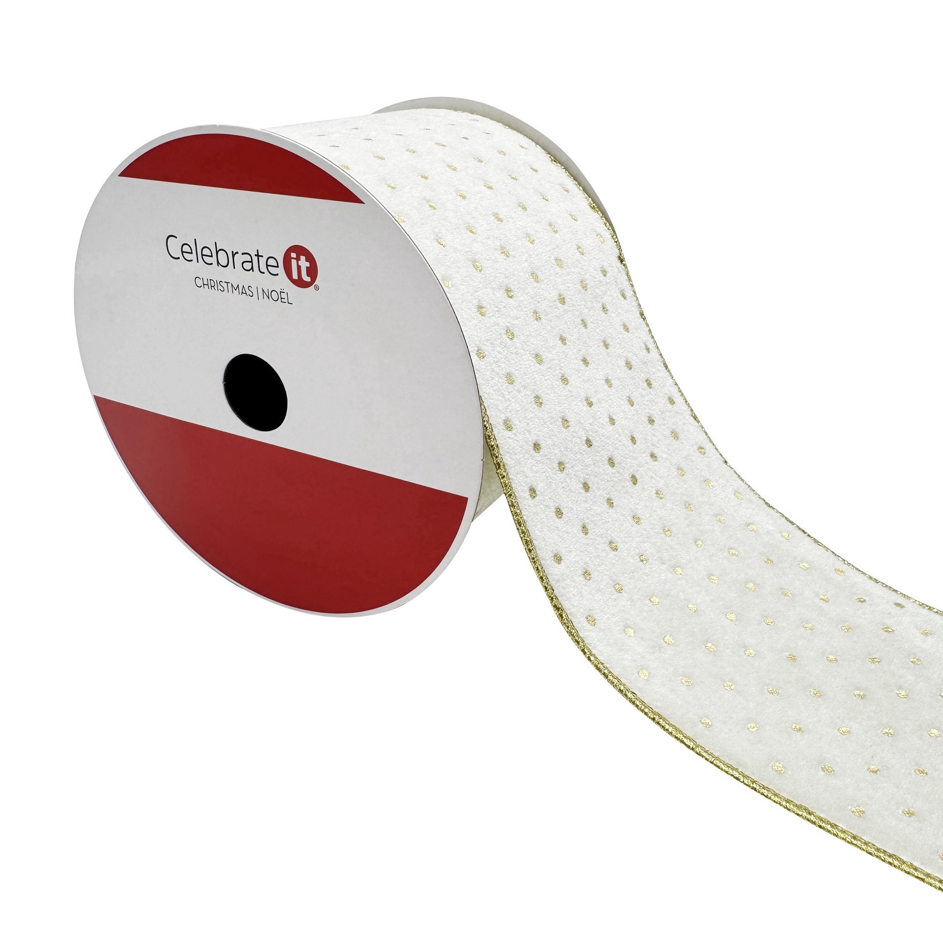 slide 2 of 3, 2.5" X 15ft. Cream & Gold Dots Wired Velvet Ribbon By Celebrate It, 3.5 in x 15 ft