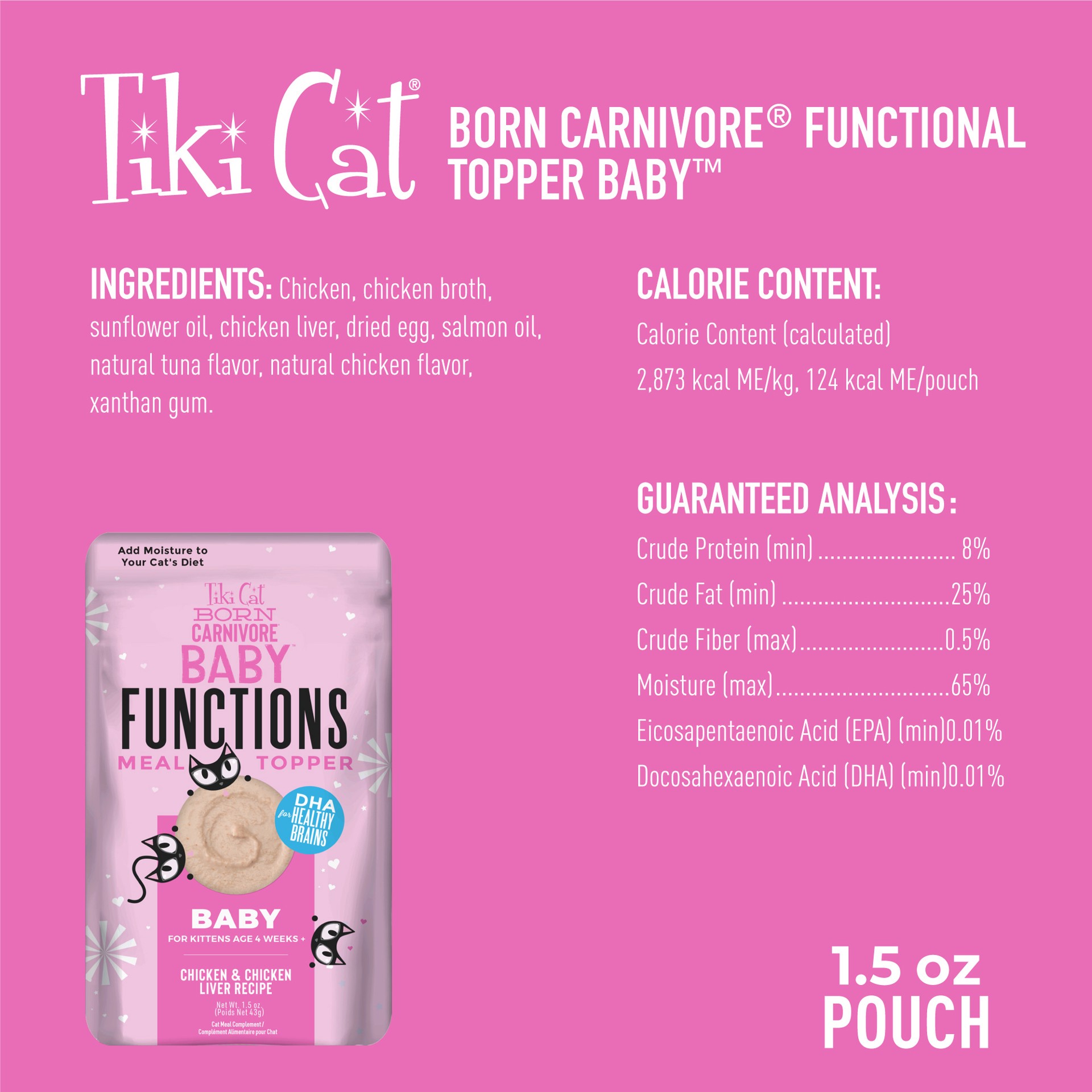slide 4 of 9, Tiki Cat Born Carnivore Baby Functional Wet Food Topper, Chicken, 1.5 oz. Pouch, 1.5 oz