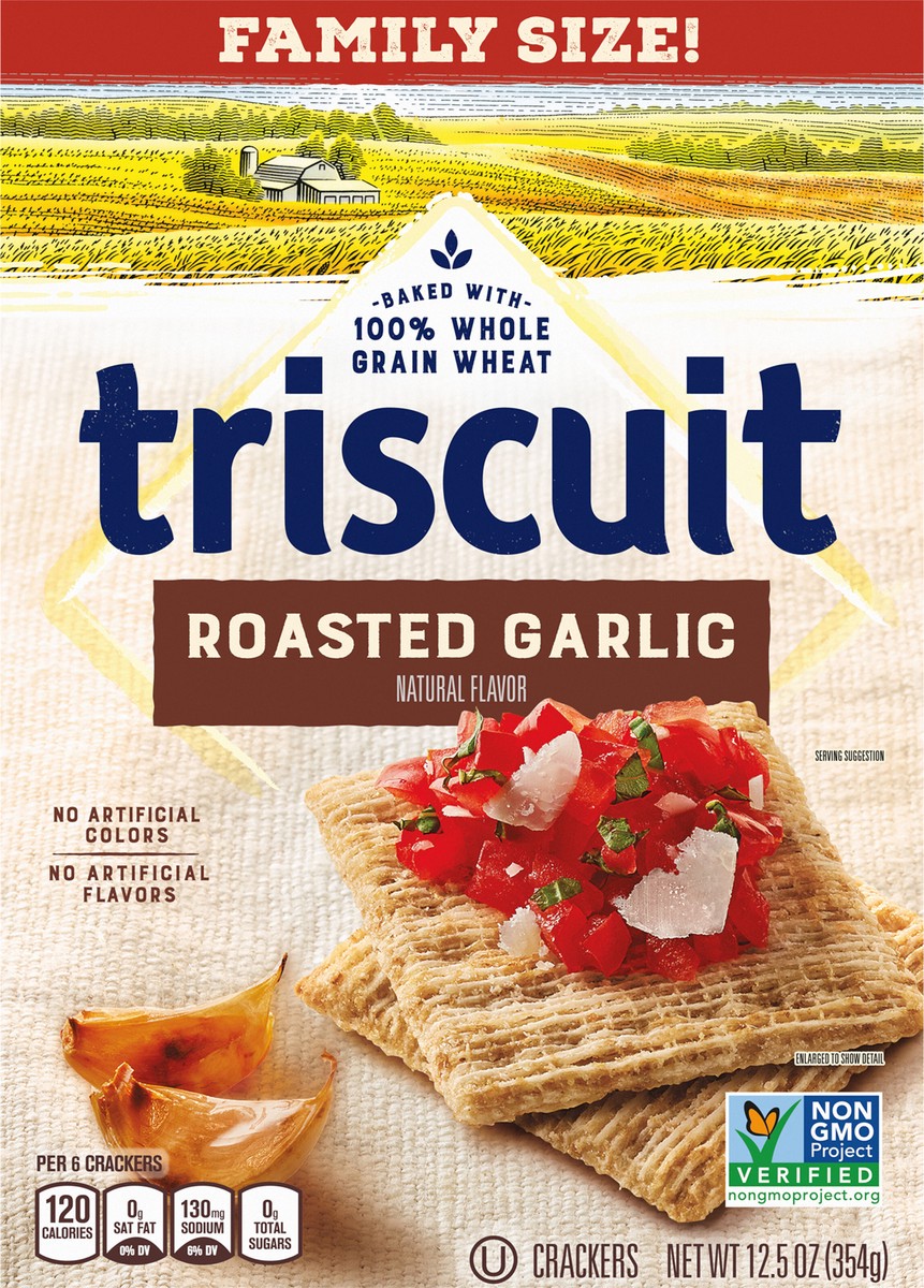 slide 2 of 9, Triscuit Roasted Garlic Whole Grain Wheat Crackers, Snack Crackers, Lunch Snacks, Family Size- 12.5 oz, 12.5 oz
