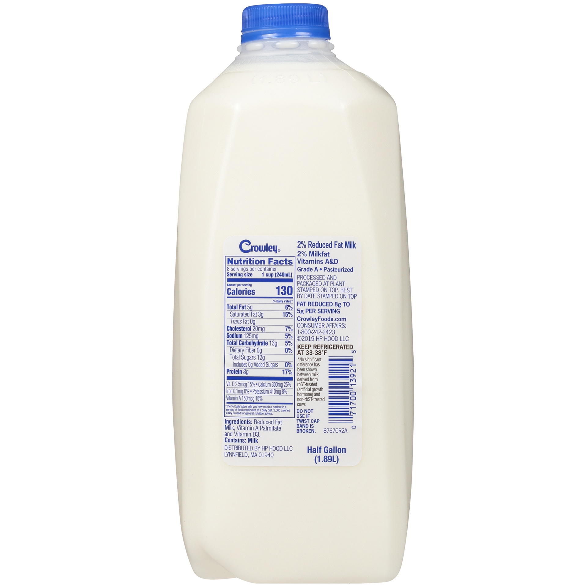 slide 4 of 7, Crowley 2% Reduced Fat Milk, Half Gallon, 1/2 gal