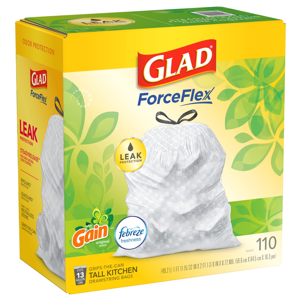 slide 7 of 9, Glad Force Flex Drawstring Gain Original Odor Shield 13 Gallon 110ct, 110 ct