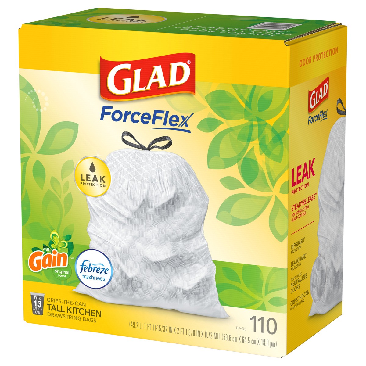 slide 2 of 9, Glad Force Flex Drawstring Gain Original Odor Shield 13 Gallon 110ct, 110 ct