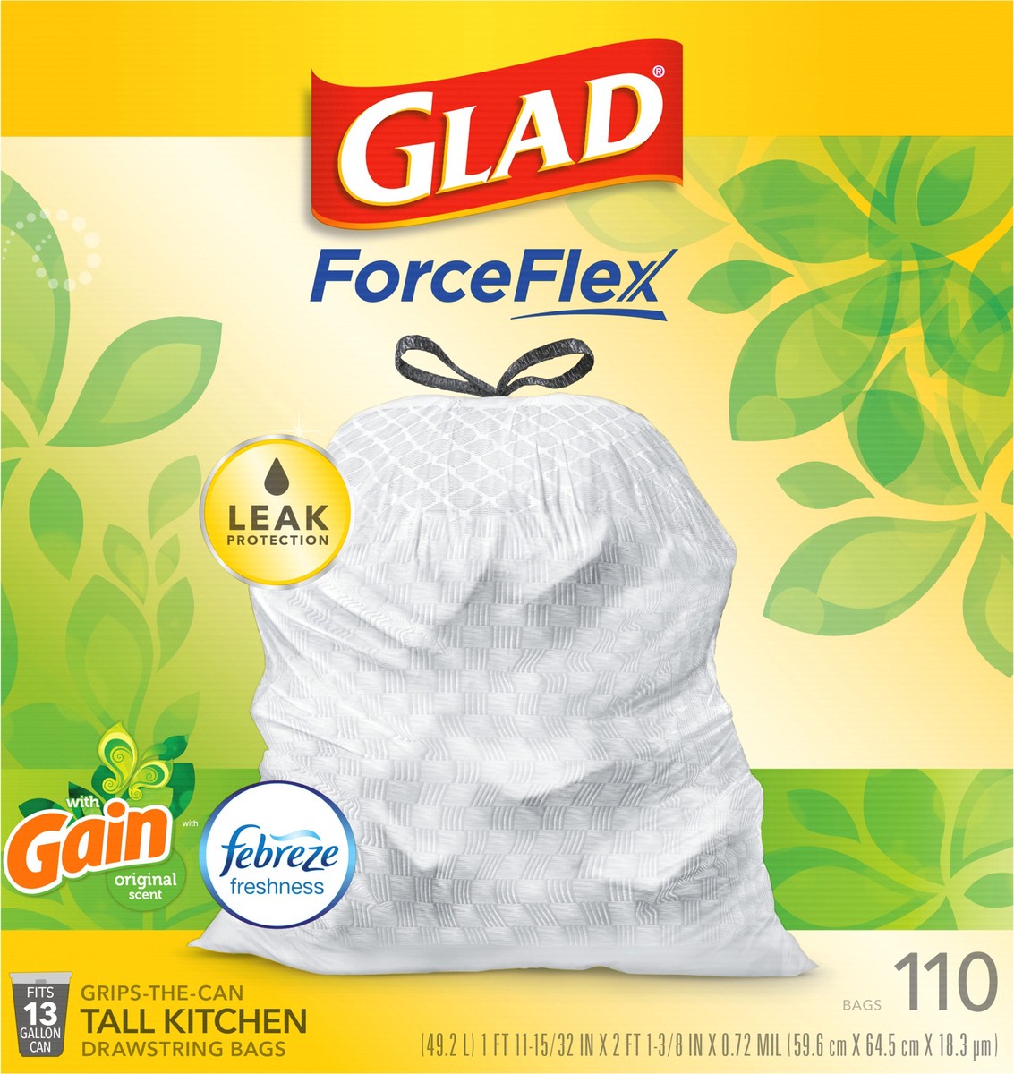 slide 3 of 9, Glad Force Flex Drawstring Gain Original Odor Shield 13 Gallon 110ct, 110 ct