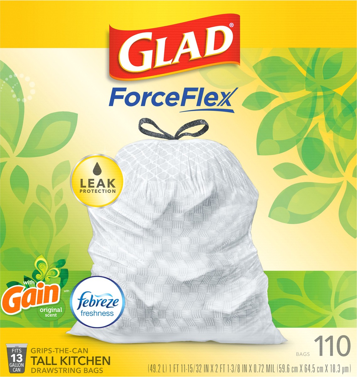 slide 5 of 9, Glad Force Flex Drawstring Gain Original Odor Shield 13 Gallon 110ct, 110 ct