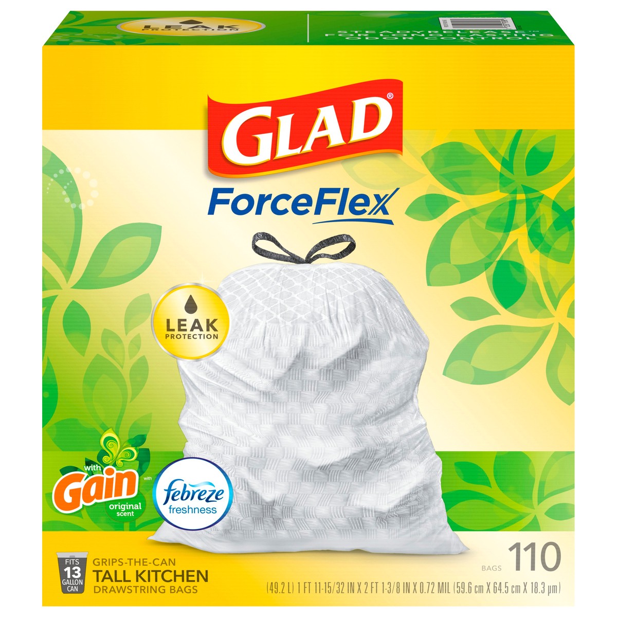 slide 1 of 9, Glad Force Flex Drawstring Gain Original Odor Shield 13 Gallon 110ct, 110 ct