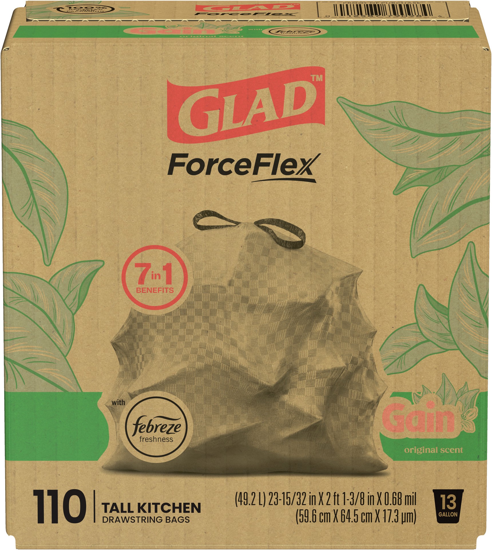 slide 1 of 9, Glad ForceFlex Tall Kitchen Drawstring Trash Bags – 13 Gallon White Trash Bag, Gain Original scent with Febreze Freshness – 110 Count (79098), 110 ct
