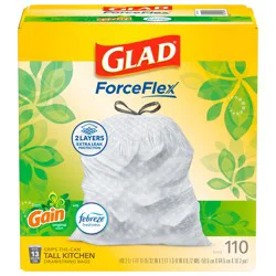 Glad ForceFlex Tall Kitchen Drawstring Trash Bags – 13 Gallon White Trash Bag, Gain Original scent with Febreze Freshness – 110 Count (79098)