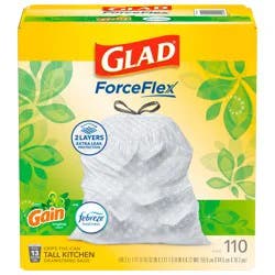 Glad ForceFlex Tall Kitchen Drawstring Trash Bags – 13 Gallon White Trash Bag, Gain Original scent with Febreze Freshness – 110 Count (79098)
