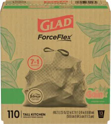 Glad ForceFlex Tall Kitchen Drawstring Trash Bags – 13 Gallon White Trash Bag, Gain Original scent with Febreze Freshness – 110 Count (79098)