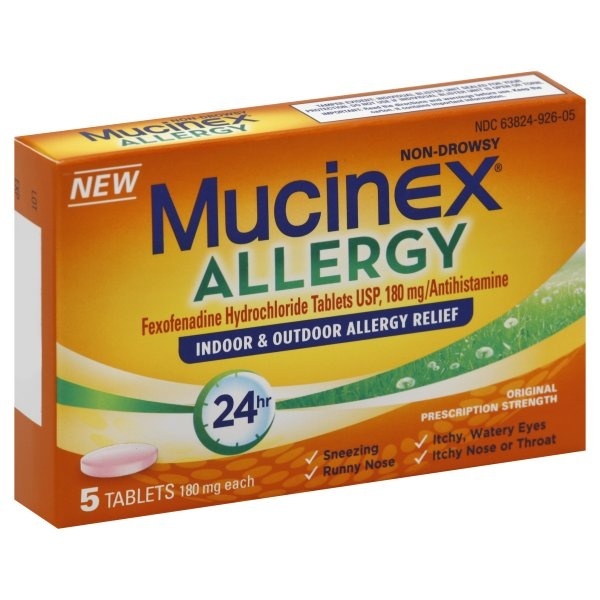 slide 1 of 1, Mucinex Allergy Antihistamine Tablets, 5 ct; 180 mg