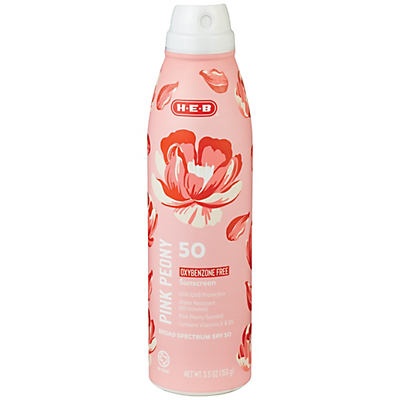 slide 1 of 1, H-E-B Solutions Oxybenzone Free SPF 50 Pink Peony Spray, 5.5 oz