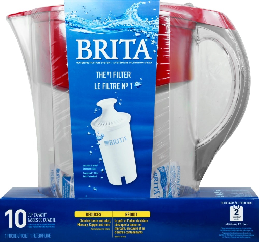 slide 1 of 1, Brita Grand 10-Cup Water Filtration Pitcher - Red, 10 cup