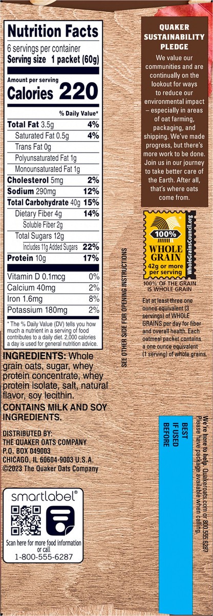 slide 6 of 6, Quaker Instant Oatmeal Protein Maple & Brown Sugar 2.11 Oz 6 Count, 12.6 oz