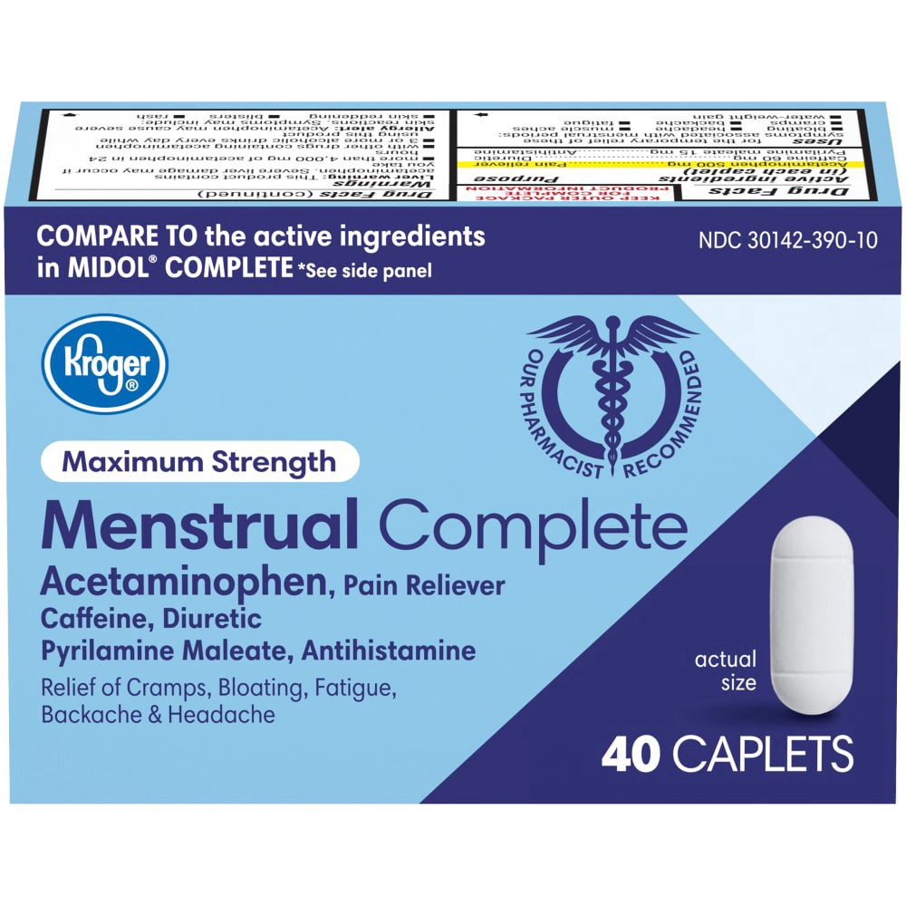 slide 3 of 3, Kroger Maximum Strength Menstrual Complete Pain Reliever Caplets, 40 ct