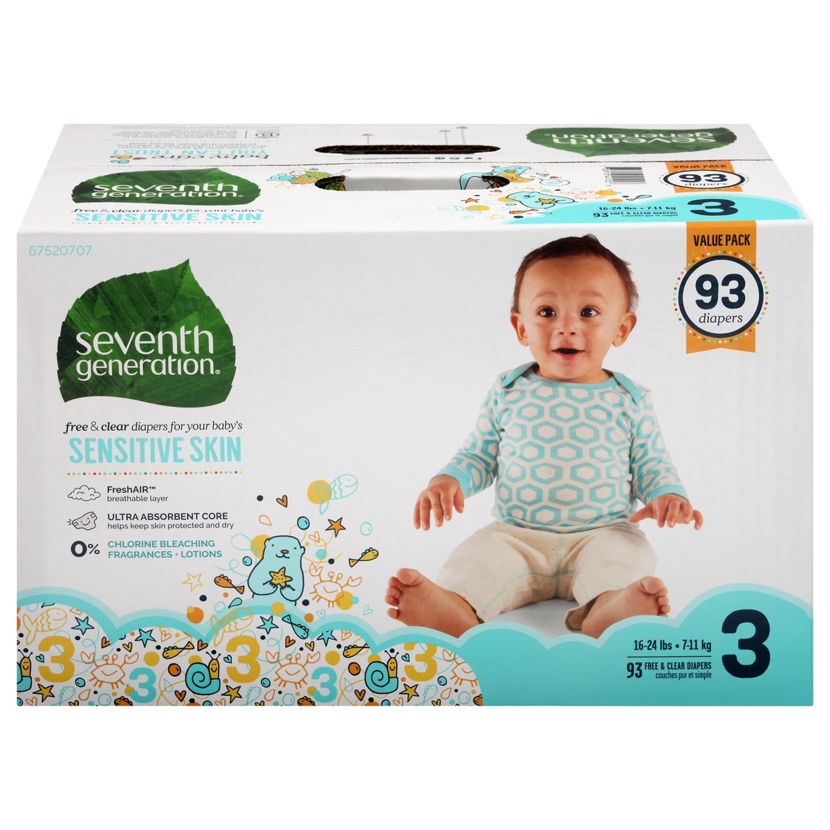 slide 1 of 1, Seventh Generation Free & Clear Diapers Size 3, 93 ct