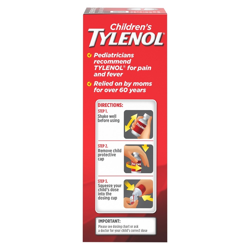 slide 4 of 7, Children's Tylenol Oral Suspension Medicine, Acetaminophen Pain Reliever & Fever Reducer for Cold + Flu Symptoms & Sore Throat, Aspirin-, Ibuprofen- & Alcohol- Free, Bubble Gum, 4 fl oz