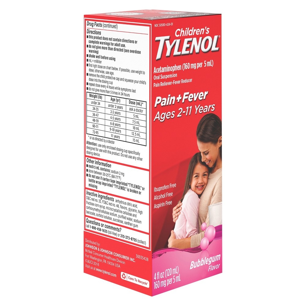 slide 5 of 7, Children's Tylenol Oral Suspension Medicine, Acetaminophen Pain Reliever & Fever Reducer for Cold + Flu Symptoms & Sore Throat, Aspirin-, Ibuprofen- & Alcohol- Free, Bubble Gum, 4 fl oz