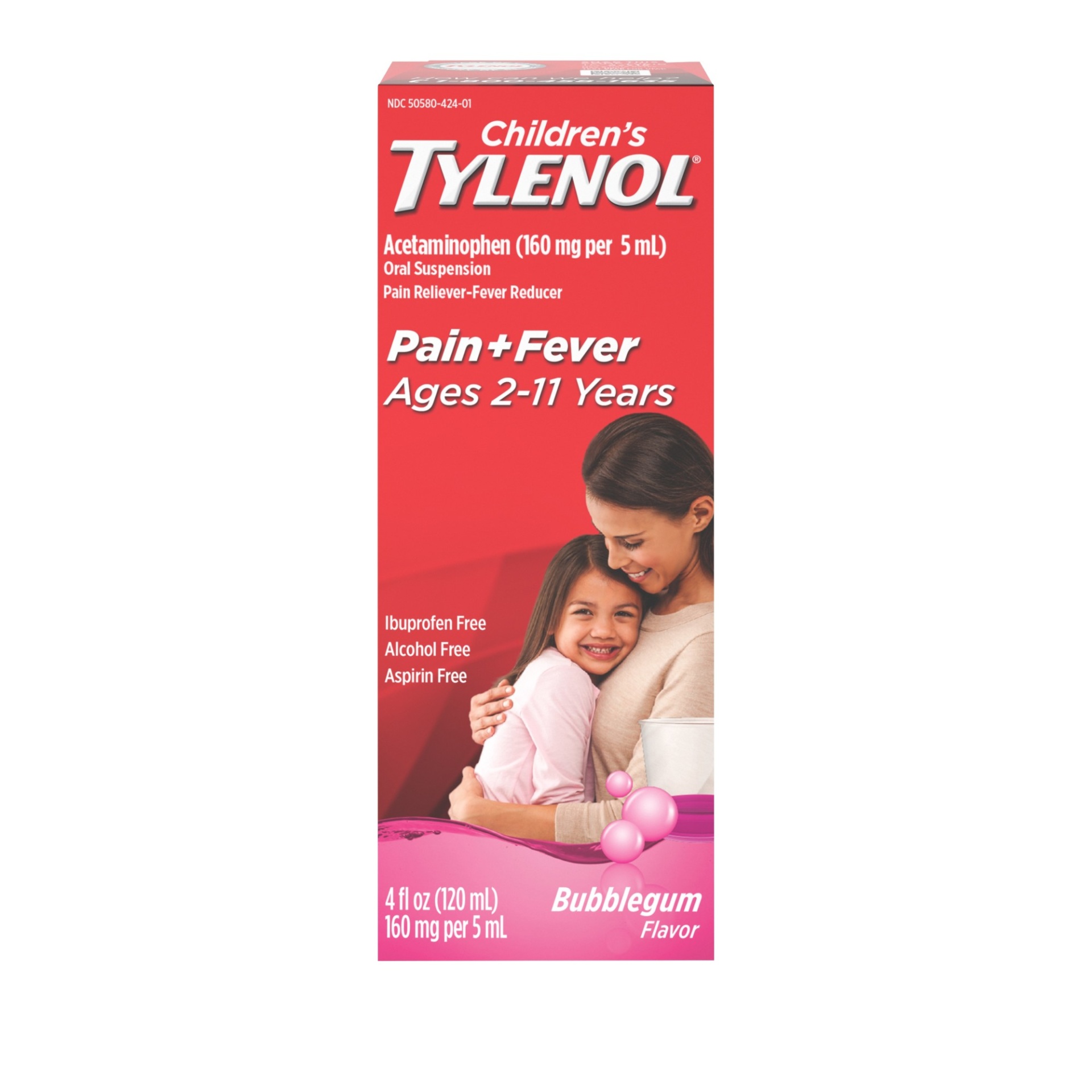 slide 1 of 7, Children's Tylenol Oral Suspension Medicine, Acetaminophen Pain Reliever & Fever Reducer for Cold + Flu Symptoms & Sore Throat, Aspirin-, Ibuprofen- & Alcohol- Free, Bubble Gum, 4 fl oz