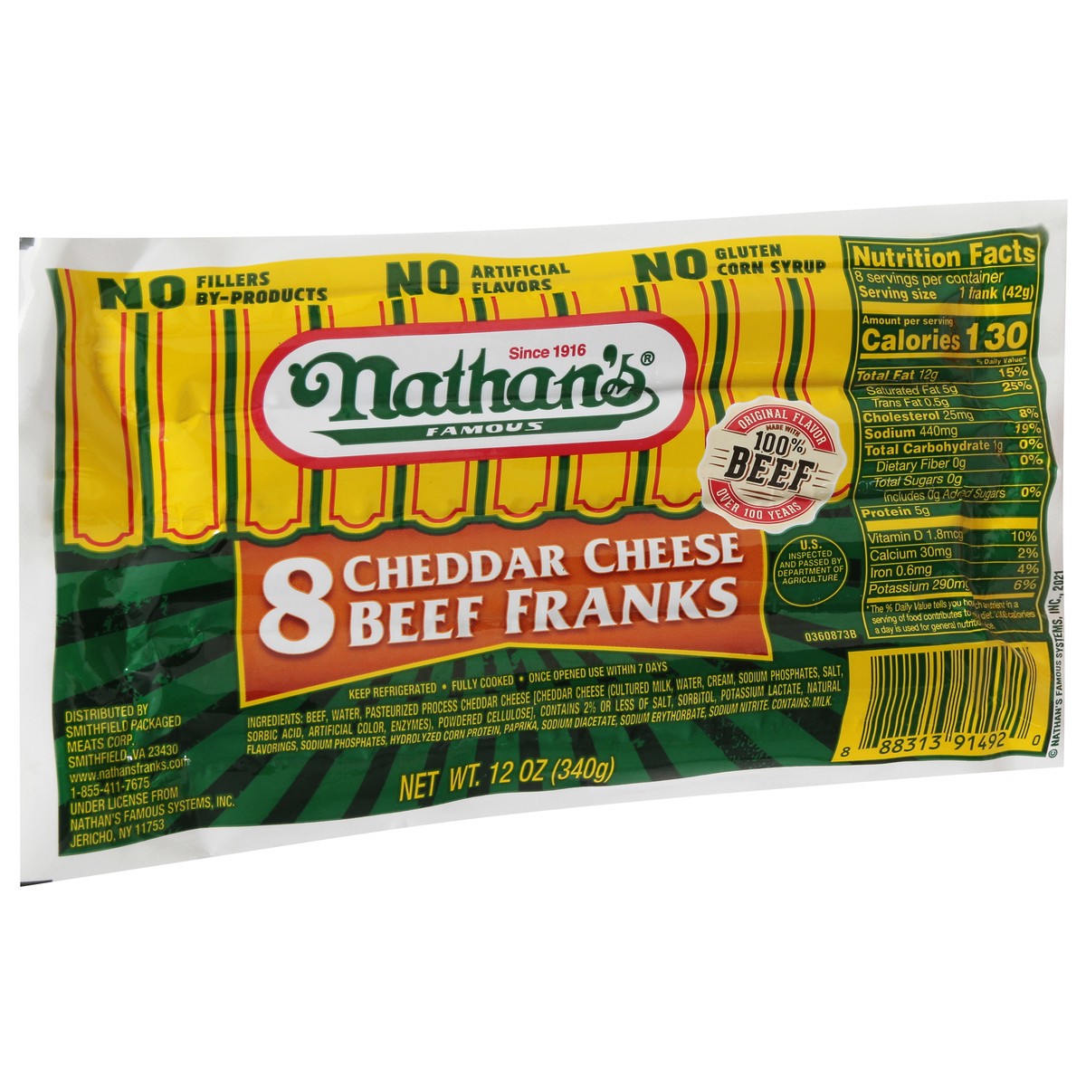 slide 2 of 9, Nathan's Famous Nathan’s Famous Cheddar Cheese Beef Franks, 11 oz