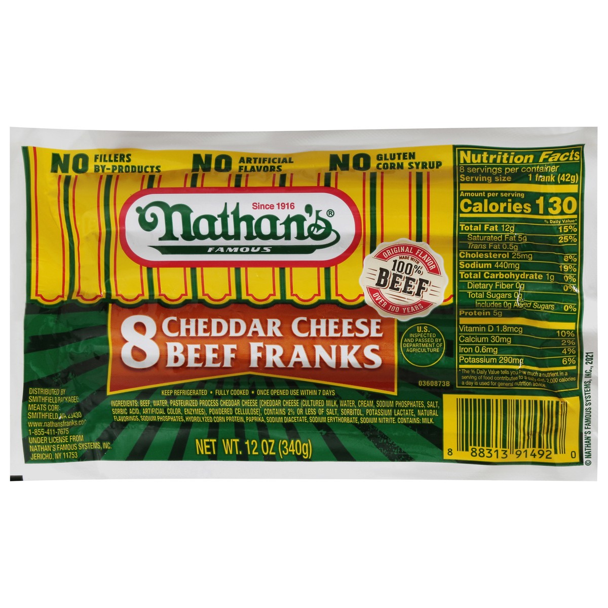 slide 1 of 9, Nathan's Famous Nathan’s Famous Cheddar Cheese Beef Franks, 11 oz
