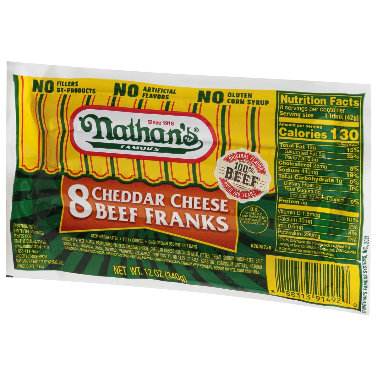 slide 3 of 9, Nathan's Famous Nathan’s Famous Cheddar Cheese Beef Franks, 11 oz