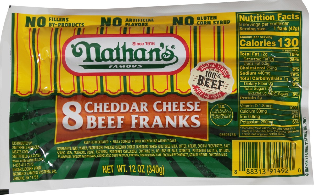 slide 6 of 9, Nathan's Famous Nathan’s Famous Cheddar Cheese Beef Franks, 11 oz