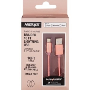 slide 1 of 1, PowerXcel Rapid Charge Braided Lightning USB Charge & Sync Cable - Rose Gold, 10 ft