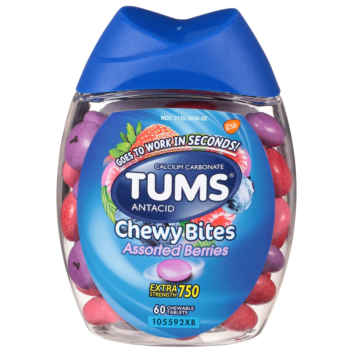 slide 1 of 7, Tums Chewy Bites Assorted Berries Extra Strength 750 Antacid Chewable Tablets 60 ea, 60 ct