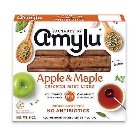 slide 1 of 1, Amylu Apple Maple Chicken Sausage, 9 oz