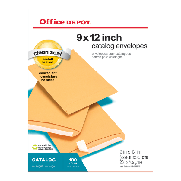 slide 1 of 1, Office Depot Brand Clean Seal Catalog Envelopes, 9'' X 12'', Brown Kraft, Pack Of 100, 100 ct