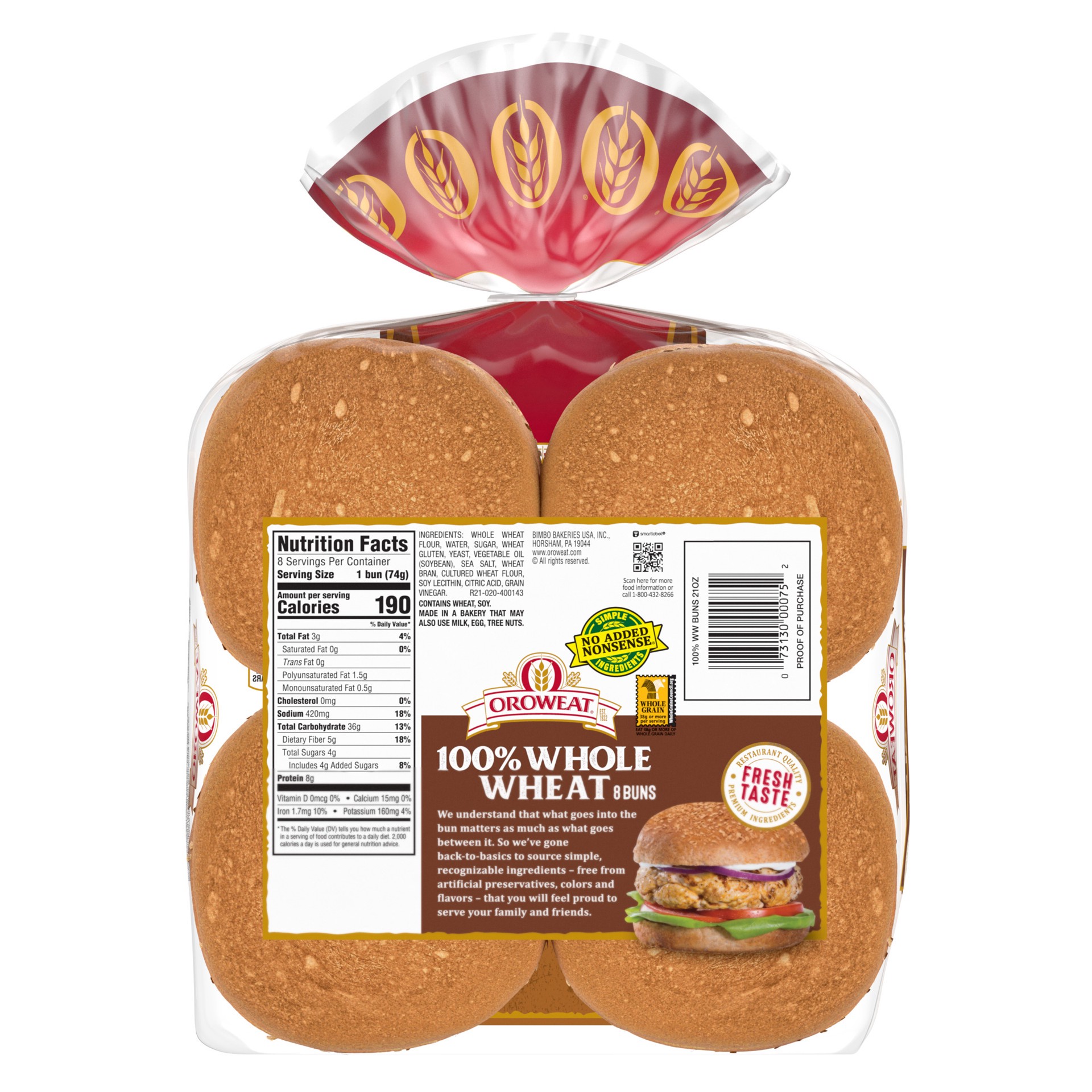 slide 8 of 10, Oroweat Whole Wheat Buns, 8 count, 21 oz, 8 ct