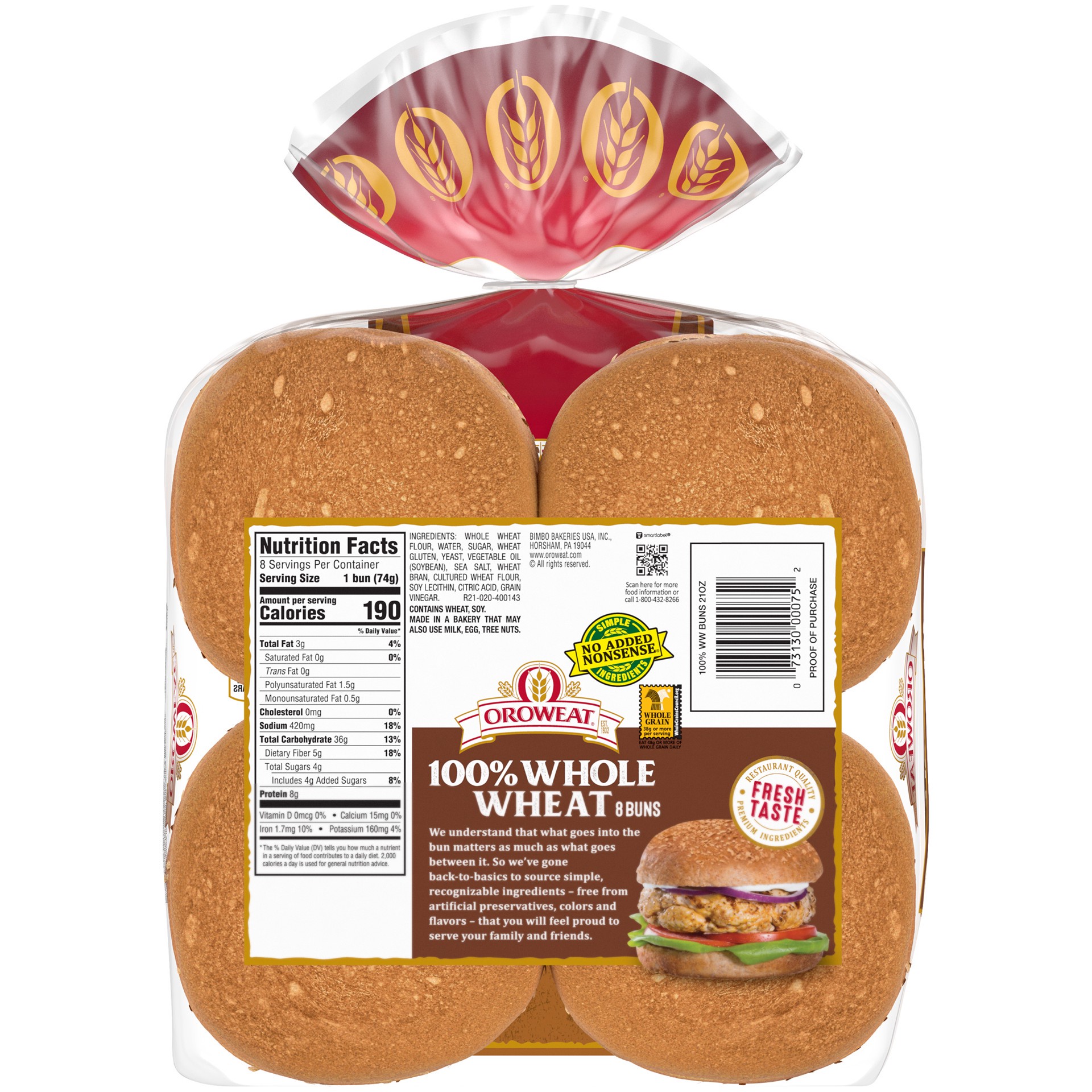 slide 10 of 10, Oroweat Whole Wheat Buns, 8 count, 21 oz, 8 ct