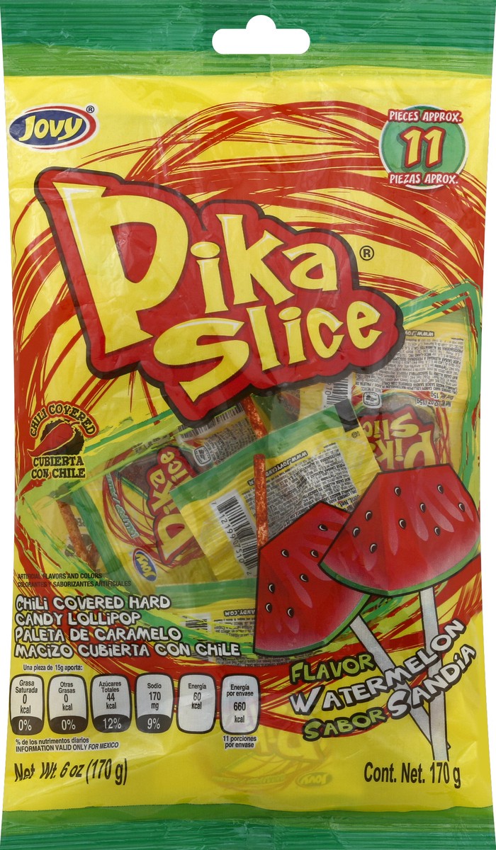 slide 2 of 6, Jovy Pika Slice Chili Covered Watermelon Flavor Hard Candy Lollipop 6 oz, 6 ct