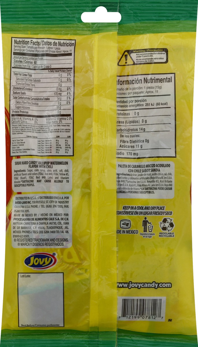 slide 6 of 6, Jovy Pika Slice Chili Covered Watermelon Flavor Hard Candy Lollipop 6 oz, 6 ct