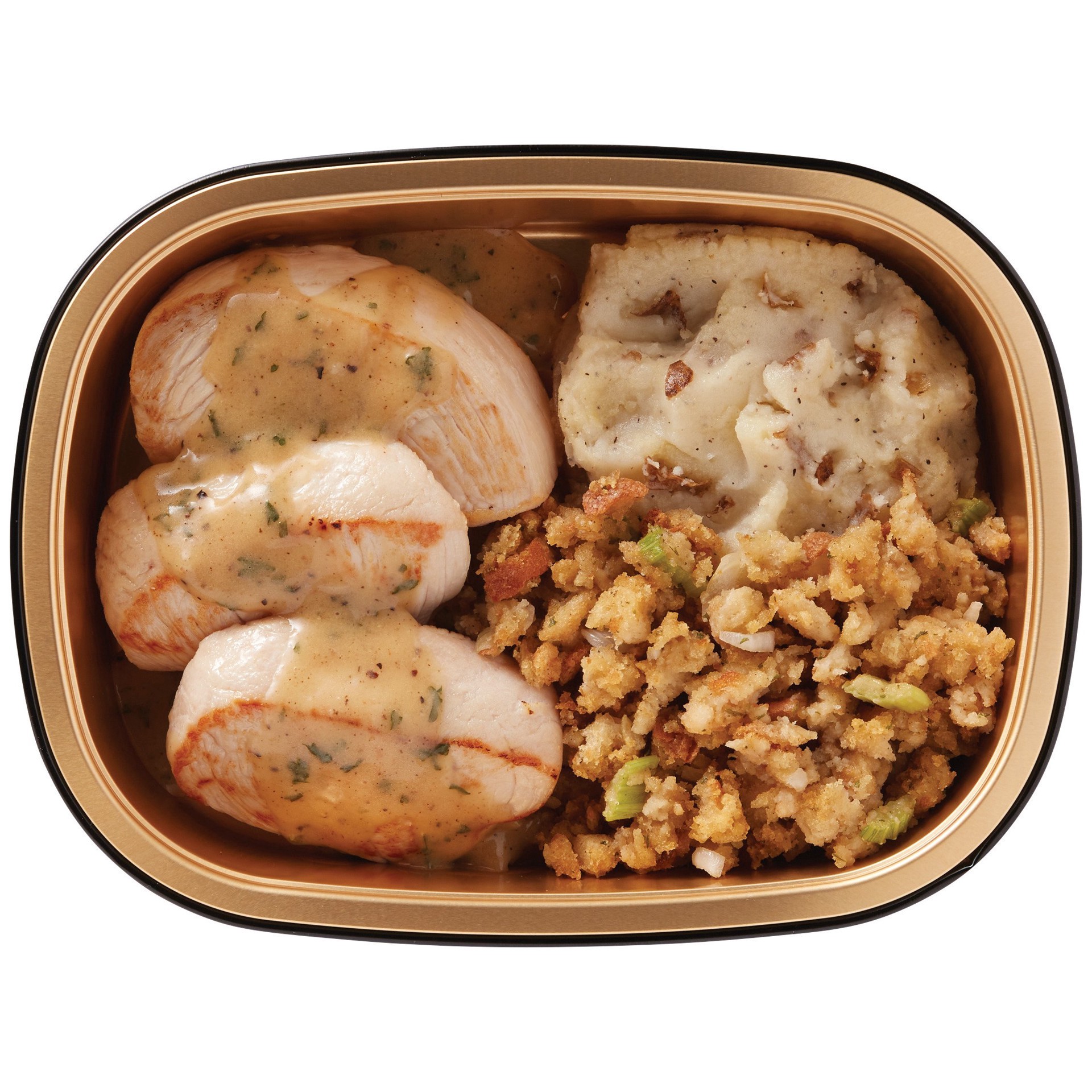 slide 1 of 1, H-E-B Meal Simple Turkey Cutlet Meal with Garlic Butter, Cornbread Stuffing and Mashed Potatoes, per lb