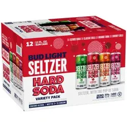 Bud Light Hard Seltzer Citrus Soda, Classic Cola, Orange Soda & Cherry Cola Hard Soda Variety Pack, Gluten Free, 12 Pack, 12 FL OZ Slim Cans