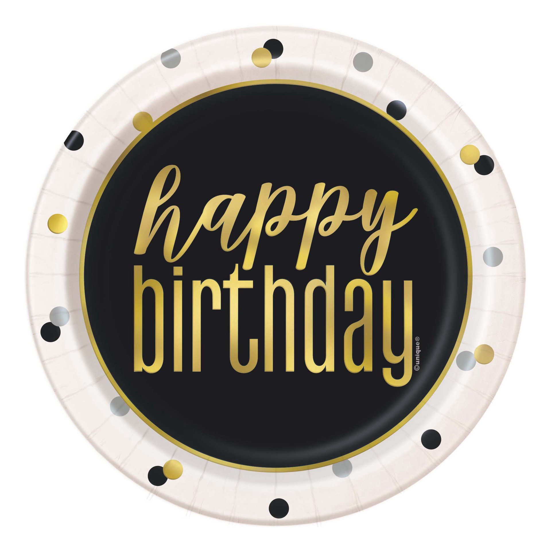 slide 1 of 1, Unique Industries Metallic Foil Happy Birthday Plates, 7 in., 8 ct