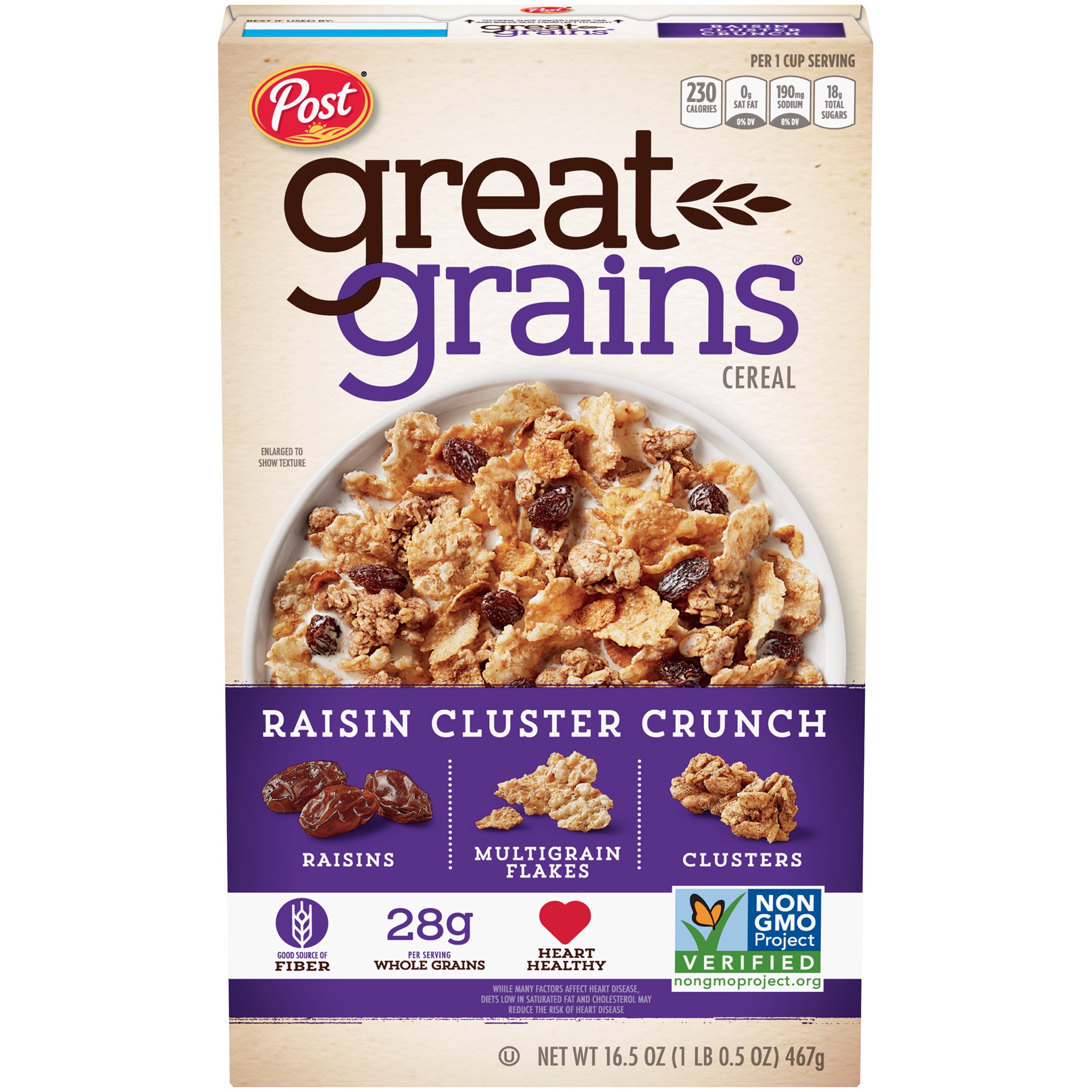 slide 1 of 1, Post Great Grains Raisins Cluster Crunch Breakfast Cereal, Non GMO Project Verified, Heart Healthy, Low Fat, Whole Grain Cereal, 16.5 Ounce, 16.5 oz