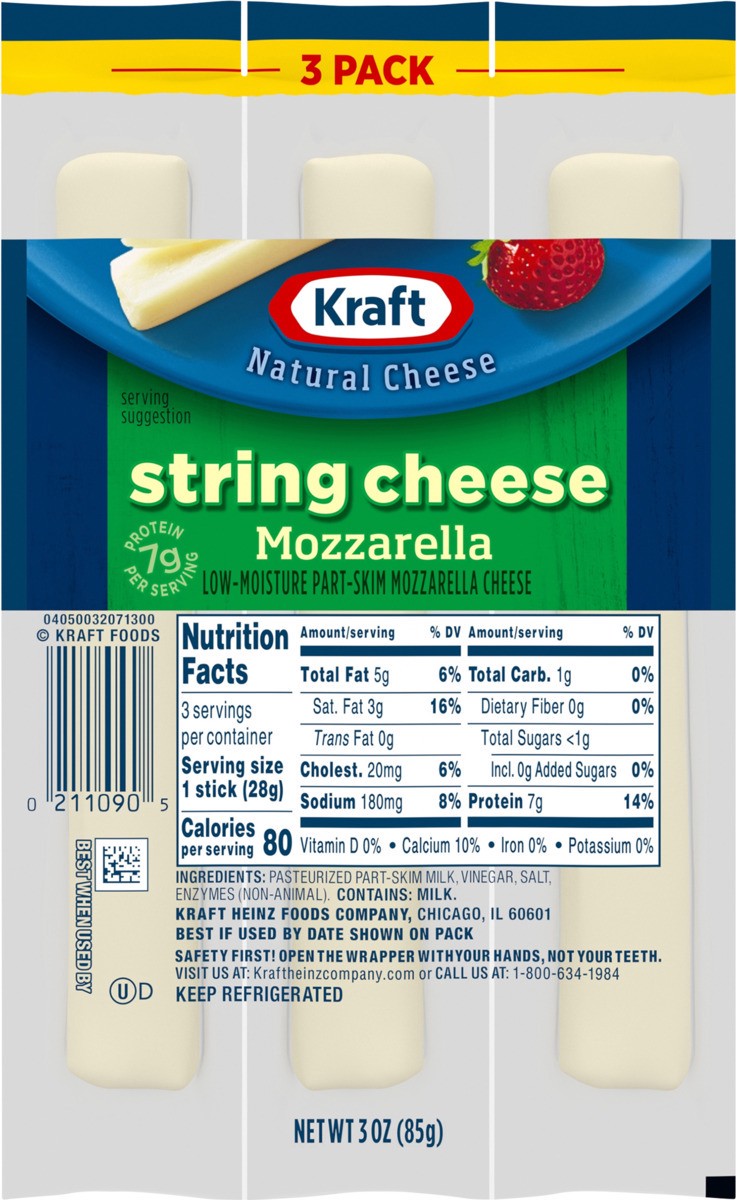 slide 5 of 8, Kraft Mozzarella String Cheese, 3 ct - 3.0 oz Packageed, 3 oz