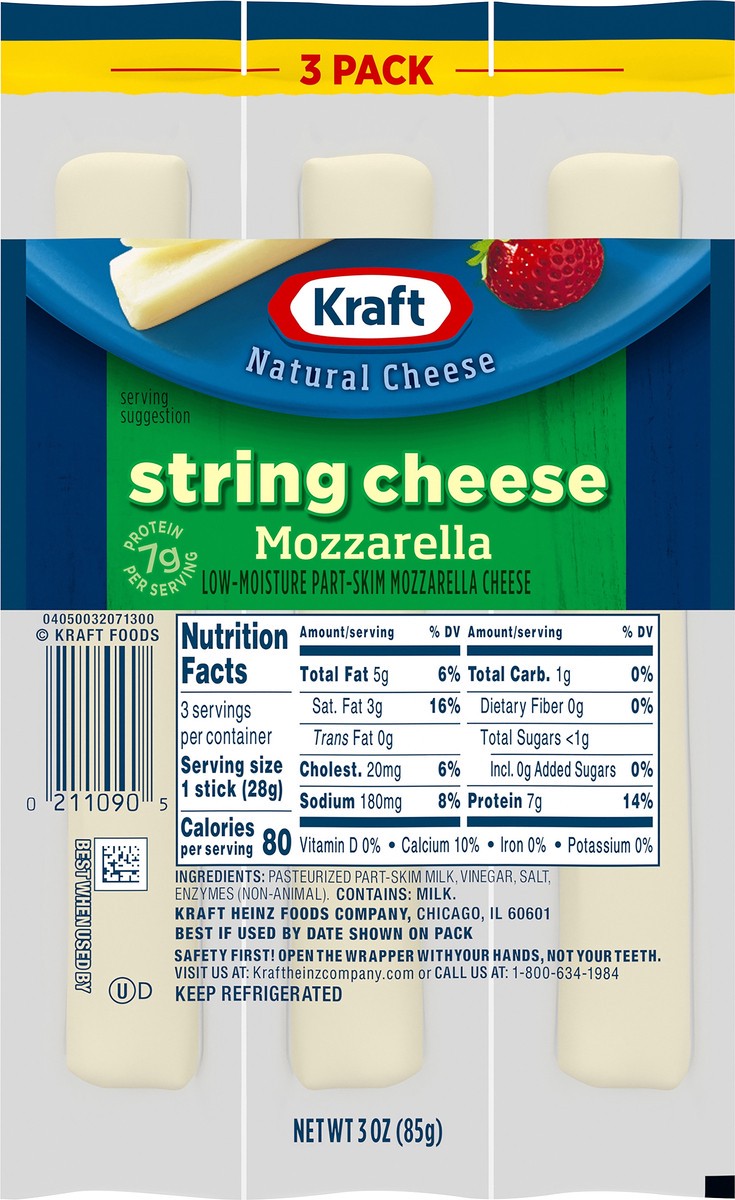 slide 1 of 8, Kraft Mozzarella String Cheese, 3 ct - 3.0 oz Packageed, 3 oz