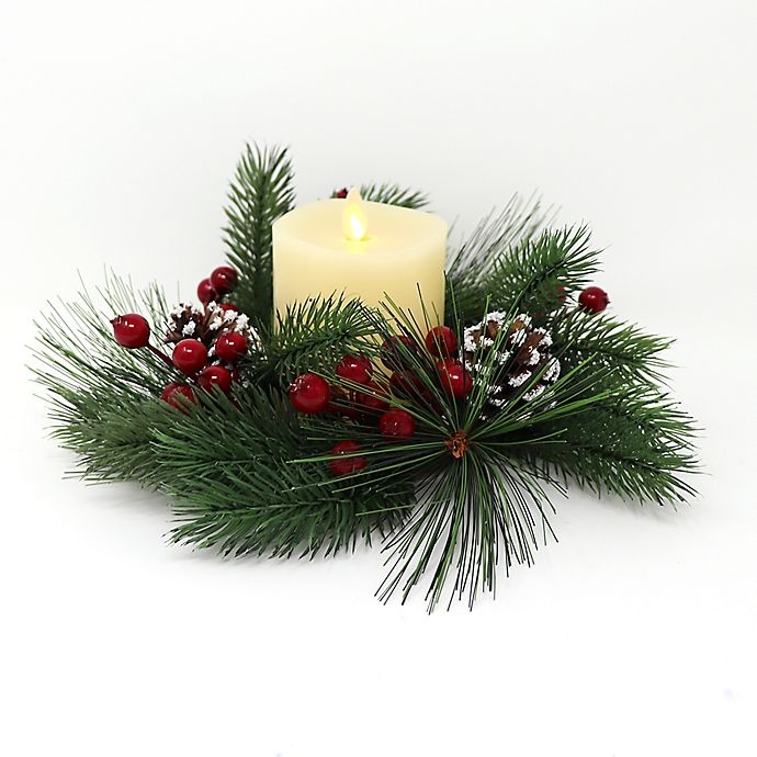 slide 1 of 1, Luminara Holiday Wreathwith Real-Frame Effect Flame Pillar Candle, 4.5 in