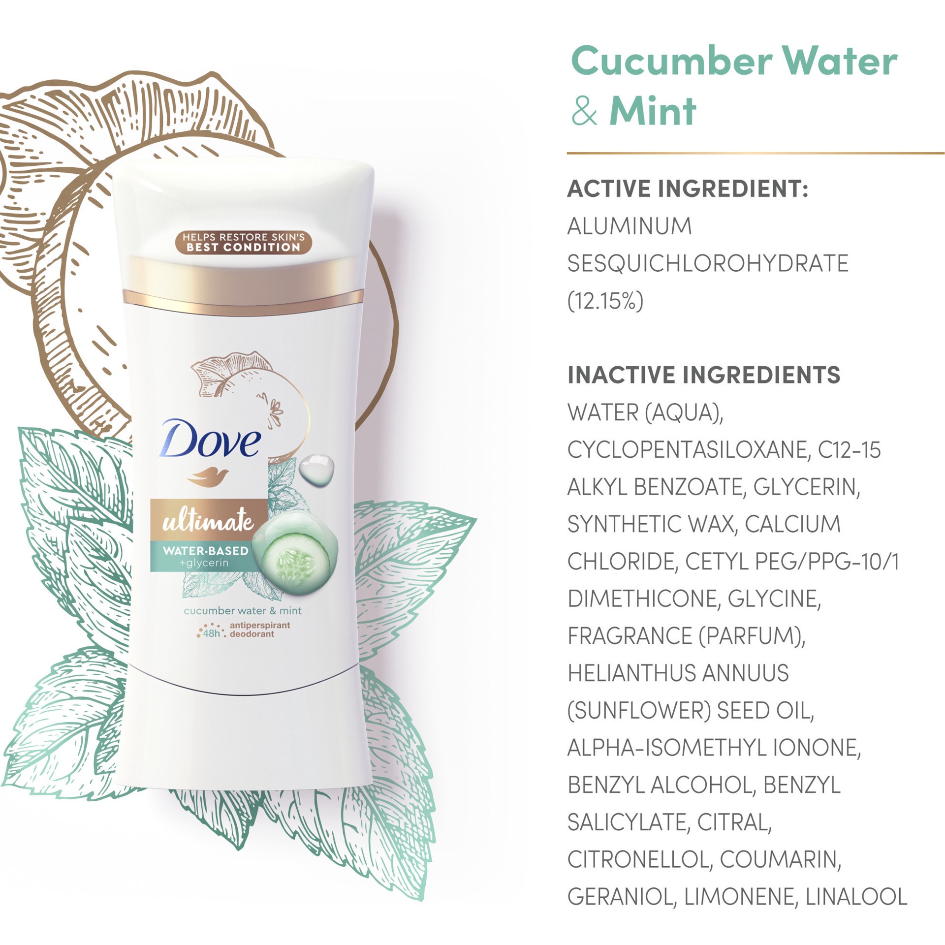 slide 4 of 4, Dove Ultimate Antiperspirant Deodorant Stick Cucumber Water & Mint, 2.6 oz, 2.6 oz