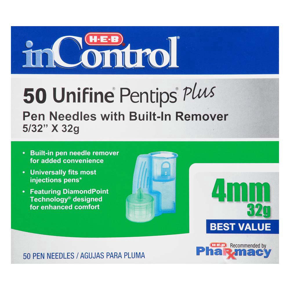 slide 1 of 1, H-E-B InControl Unifine Pentips Plus 4mm 32G Pen Needles, 50 ct