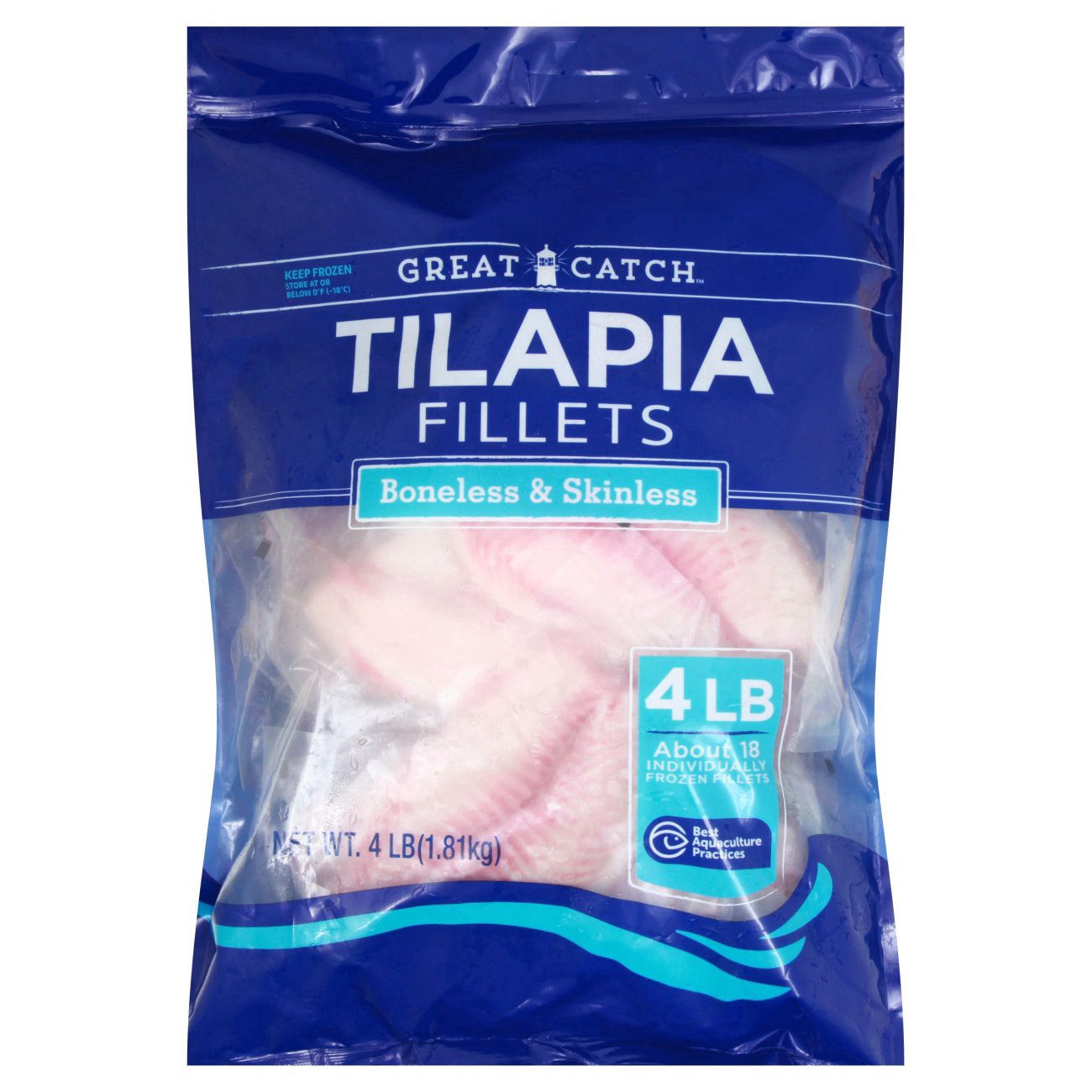 slide 1 of 1, Great Catch Frozen Boneless Skinless Tilapia Fillets, 4 lb bag