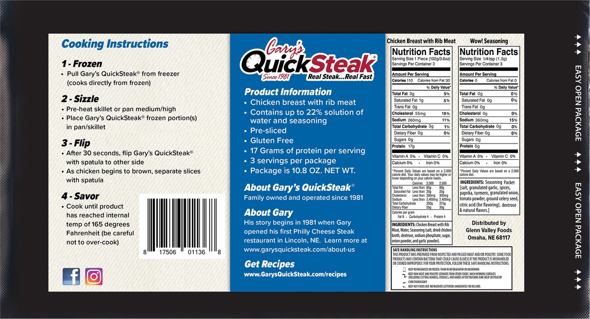 slide 2 of 3, Gary's Quick Steak Gary's W/ Rib Meat Chicken Breast, 12 oz