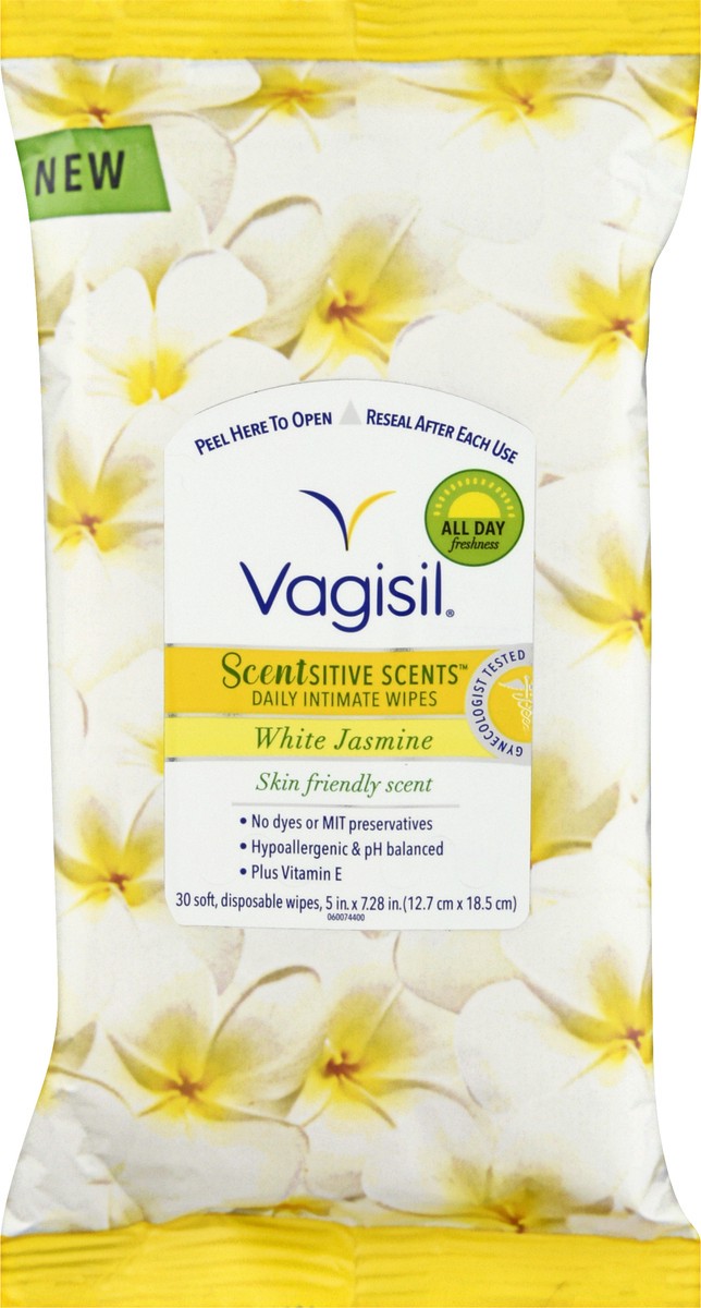 slide 8 of 9, Vagisil Scentsitive Scents Daily Intimate Wipes - White Jasmine, 30 ct